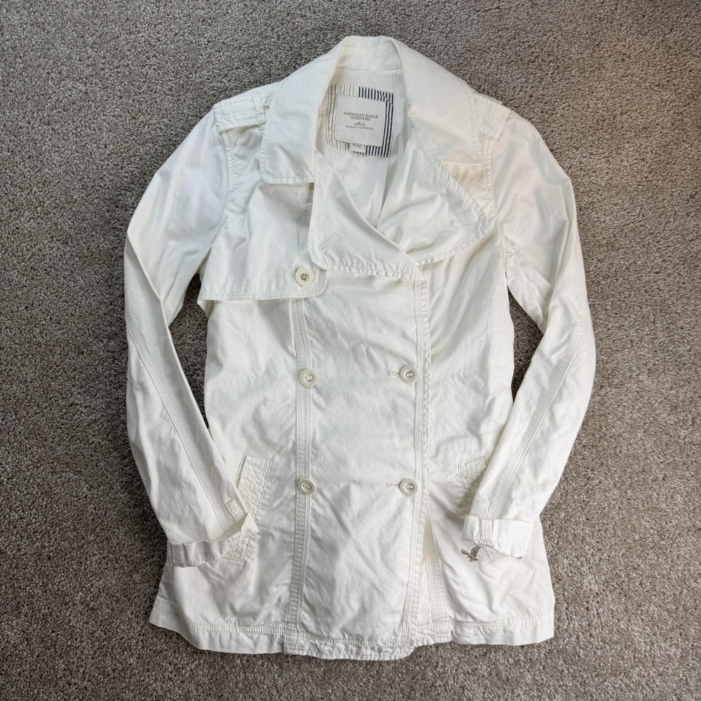 Y2K American Eagle Outfitters Coat Womens Medium White Cotton Trench Belted